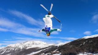 Australia's Jakara Anthony performs a flip during the freestyle skiing moguls at Livigno Air Park