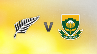 A graphic showing the black fern crest of New Zealand cricket (left) and the green and gold shield crest of Cricket South Africa (right). The two crests are separated by the letter V and are placed on a yellow background