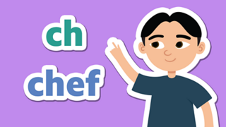 A boy pointing to the letters 'ch' above the word 'chef'.