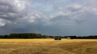 A hay field in Lincolnshire under partly cloudy skies. There's a tractor in the distance. Picture by BBC Weather Watcher 'Ar'