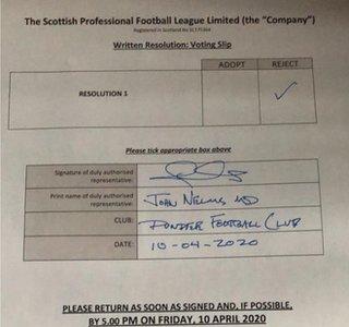 Dundee's voting slip, signed by managing director John Nelms, though the SPFL say they never received it