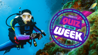 A scuba diver underwater with the quiz of the week logo