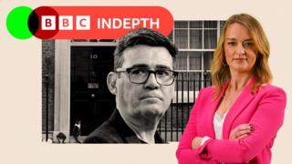 A black and white image of Andy Burnham in front of the Number 10 door - to the right is an image of Laura