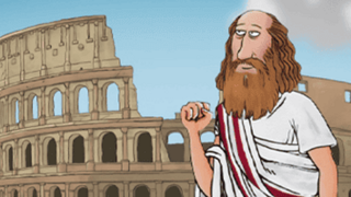 A Roman man in front of the Colosseum