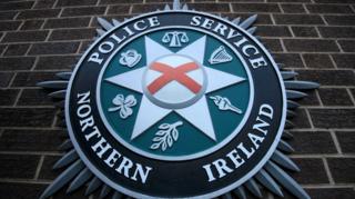 A close up of the PSNI emblem on a brick wall. It consists of a star shape in the centre, with the scales of justice, a harp, a torch, a leaf, a shamrock, and crown.