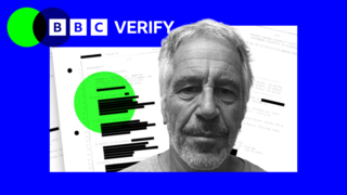 A grab from Jeffrey's Epstein's police mugshot. Printed emails released by the DOJ are seen behind him, and both are imposed over the BBC Verify logo and colours.