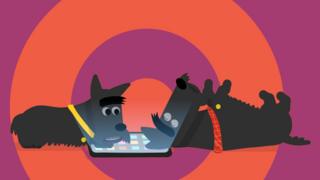 Two cartoon scottie dogs. One is looking at a mobile phone, the other is lying with their eyes closed and their legs in the air.