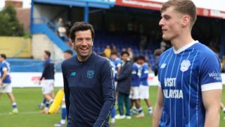 Head coach Brian Barry-Murphy (left) of Cardiff with Dylan Lawlor of Cardiff at the end of the match against Mansfield in May