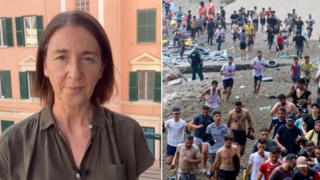 Composite image showing BBC's Sarah Rainsford on the left hand side and hundreds of migrants on Ceuta beach on the right