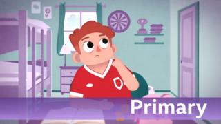 Cartoon image of a boy in a red football shirt looking thoughtful - sat in a bedroom. On a table is a notebook and some coins. Text reads, 'Primary'.