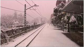 Snowy train line in Spain