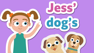 A girl points at words using apostrophes above two dogs.