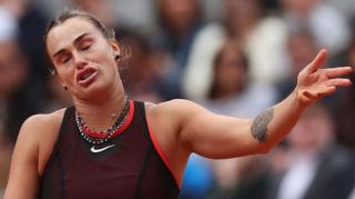 Aryna Sabalenka reacts during her French Open loss to Diana Shnaider