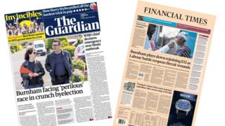 A composite image of the front pages of the Guardian and the Financial Times 18 May 2026
