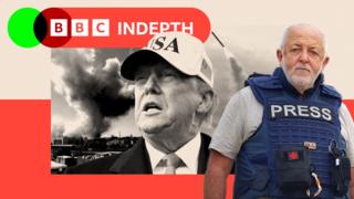 Trump in a USA hat, with another image in the background of smoke rising. A different image of Jeremy Bowen is to the side.