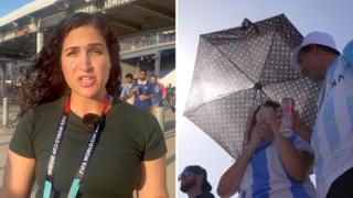 Composite image of Nada Tawfik and World Cup fans carrying umbrellas.