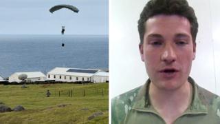 Captain George Lacey (right), and parachutist landing on the island (left)