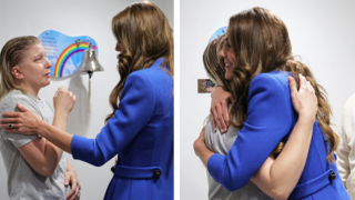 A split screen of the Princess of Wales hugging a cancer surviver in hospital. In the first picture we see the female patient's face and bell in background and the side of kate's face and in the second we see kate hugging the cancer survivor and smiling