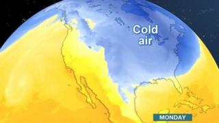 BBC Weather map showing a plunge of cold air across the USA