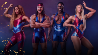 gladiators lined up pulling strong muscular poses.