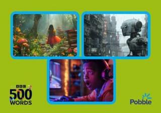 Image depicts three smaller images: a young girl in a forest, a robot in a dystopian future and a young boy playing a video game.