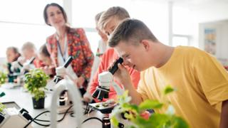 GCSE students in a biology class looking into microscopes with plant samples on desk.