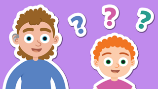 Two boys smiling with question marks