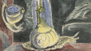 An illustration, showing a snail coloured mostly yellow, with a clock on its back. There is a snail, to the left, climbing a wall, also with a clock on its back. Other colours featured include red and blue.