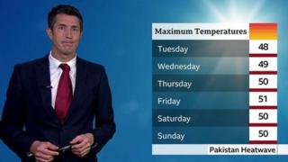 Chris Fawkes stands in front of a chart showing maximum temperatures for Pakistan this week.