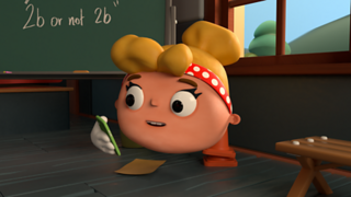 Cinders - a blonde, floating, cartoon head - looks at her phone in a classroom.