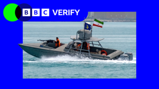 An image with BBC Verify branding of an Iranian speedboat