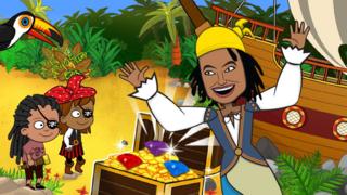 On a treasure island Gem the pirate is jumping out in front of a box of treasure. There are two young pirates watching from the side.