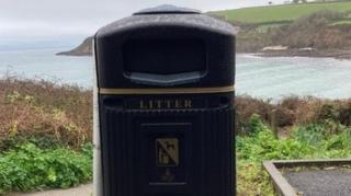 The dog poo bin partially blocking the sea view