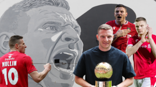 Composite image of four Paul Mullin images over a background of a Paul Mullin wall mural