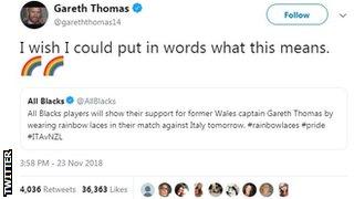 Gareth Thomas' tweet thanking the All Blacks for wearing the laces