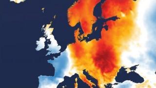 A heat anomaly map, showing heat across eastern Europe and Scandinavia.