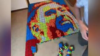 Portrait of Christian Eriksen using Rubik's cubes half complete