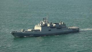 Russian frigate Admiral Grigorovich, a large grey vessel