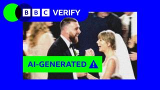 A fake image of Taylor Swift and Travis Kelce dancing at their wedding, in a blue frame and covered by a 'AI-generated' green label.