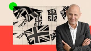 Union jack flags in the background with an image of Evan Davis on the right