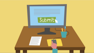 Illustration of a computer with text that reads: "submit".