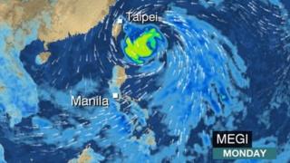 ̳ Weather map showing the forecast for heavy rain from Typhoon Megi for Monday.