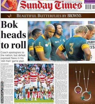 Front page of South Africa's Sunday Times