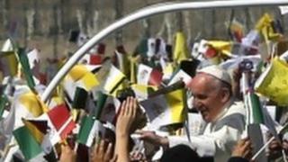 Pope Francis arrives to celebrate a Mass in Ecatepec, Mexico