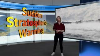 Sarah Keith-Lucas stands next to a screen showing larges waves crashing with the words Sudden Stratospheric Warming to the left