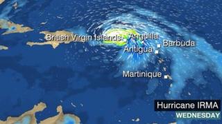 BBC Weather graphic showing Hurricane Irma in the Atlantic.