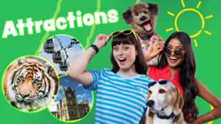 Blue Peter presenters wearing sunglasses, pop ups of some of the Blue Peter attractions are in bubbles next to them.