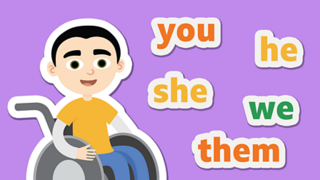 A boy sitting in a wheelchair next to pronouns - the words you, he, she, we, and them.
