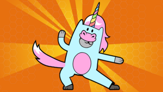 Bitesize games karate cat in unicorn costume on orange sunburst background.