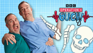 Xand and Chris are smiling next to a jumbled skeleton